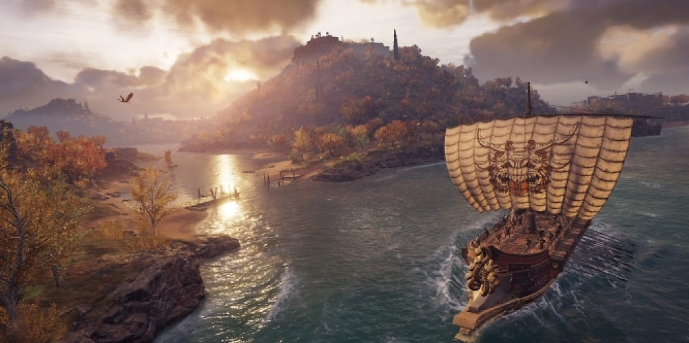 Artwork aus Assassin's Creed Odyssey, das ein Schiff in einem malerischen Panorama des antiken Griechenlands zeigt.