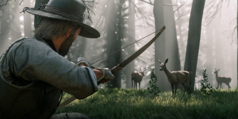 Red Dead Redemption 2-Charakter Arthur Morgan auf der Jagd.