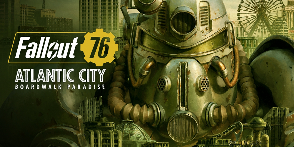 Der Helm einer Powerrüstung blickt in die Kamera. Daneben steht "Fallout 76 Atlantic City Boardwalk Empire".