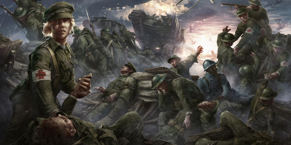 Eine Sanitäterin verarztet einen am Boden liegenden Soldaten. Im Hintergrund tobt der Erste Weltkrieg.