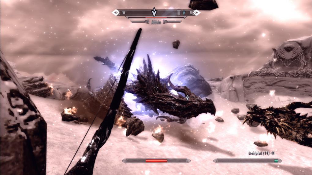 Wenn wir Alduin mit dem Drachenfallschrei zu Boden zwingen, kann auch Paarthurnax besser eingreifen.