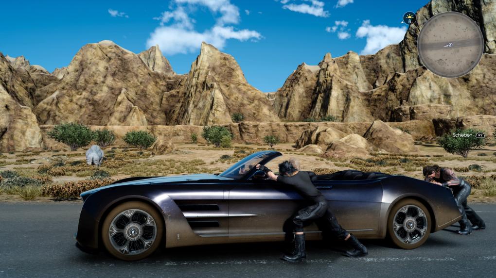 1. Als erste Aktion in Final Fantasy 15 (nach dem Intro) schiebt ihr mit Held Noctis eure Karre - den Regalia - nach Hammerhead, beziehungsweise bis zur ersten Cutscene. Dazu haltet ihr die Taste R2, respektive RT gedrückt. Während die Charaktere das Auto schieben, blickt ihr euch mit Hilfe des rechten Analogssticks um.