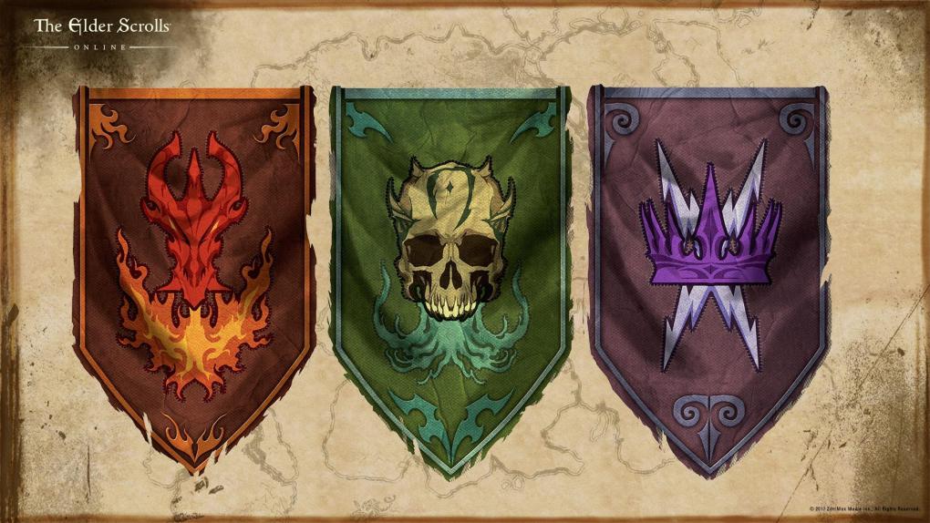 Das sind die Wappen der drei Fraktionen, für die ihr auf den Schlachtfeldern in den Kampf zieht: die Grubendämonen (grün), Feuerdrachen (orange) und Sturmfürsten (violett).