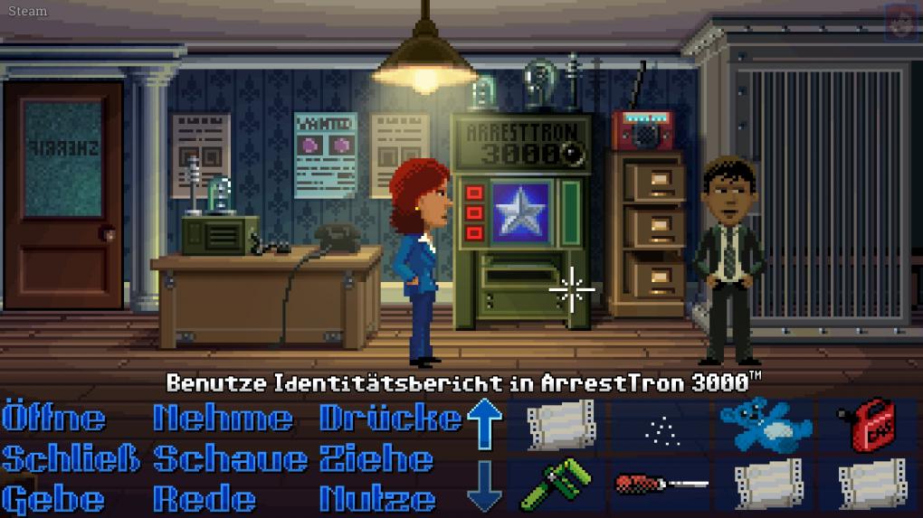 Wie bei Lucas Arts: Wer mag, kann sich die Befehlszeile auch klassisch über den Aktionsverben und dem Inventar einblenden lassen.