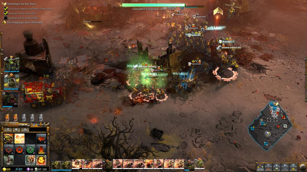 Jede der drei Fraktionen spielt sich komplett unterschiedlich. Die Einheiten der Orks bekommen etwa Boni, wenn sie in der Nähe aktivierter Waaagh-Türme stehen.