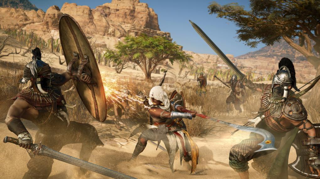 Nicht nur der Held, auch die Gegner in Assassin's Creed Origins blocken leichte Angriffe mit Schilden.