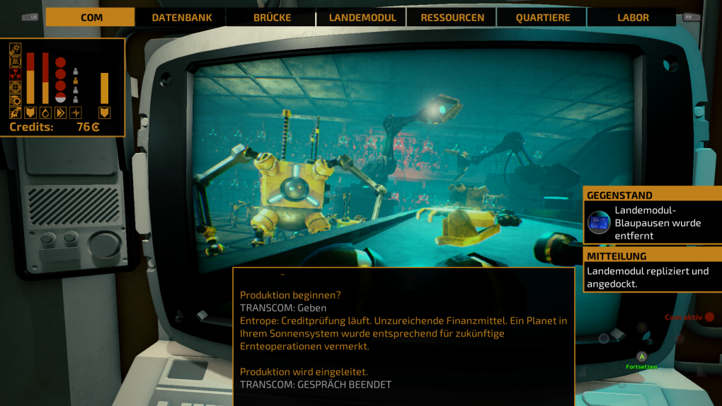 Solltet ihr eure Landefähre verlieren, bieten euch die freundlichen Roboter-Aliens der Entrope Ersatz.