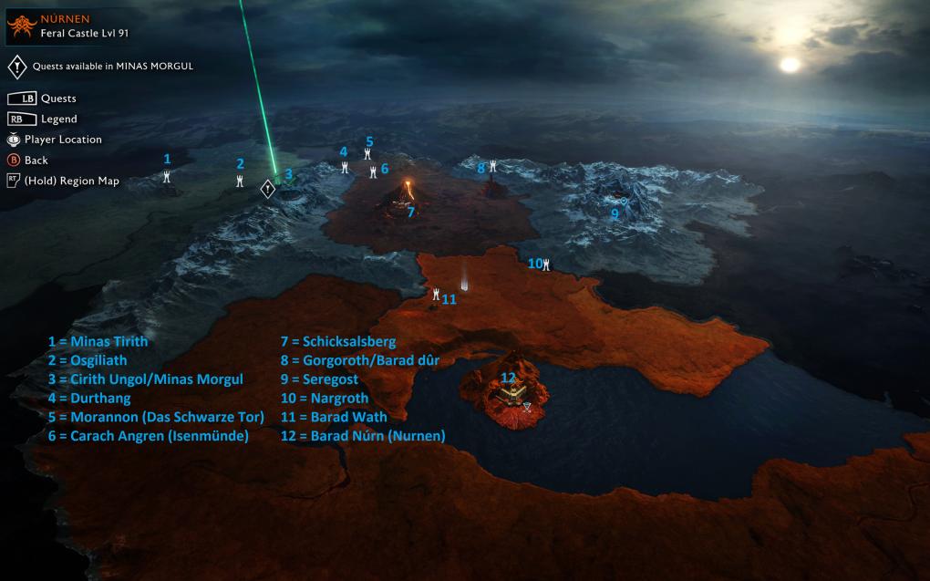 Wir haben ein bisschen spekuliert! In der Legende zum Screenshot stellen wir euch die unserer Meinung nach möglichen Locations im Shadow-Wars-Modus von Mordor vor.