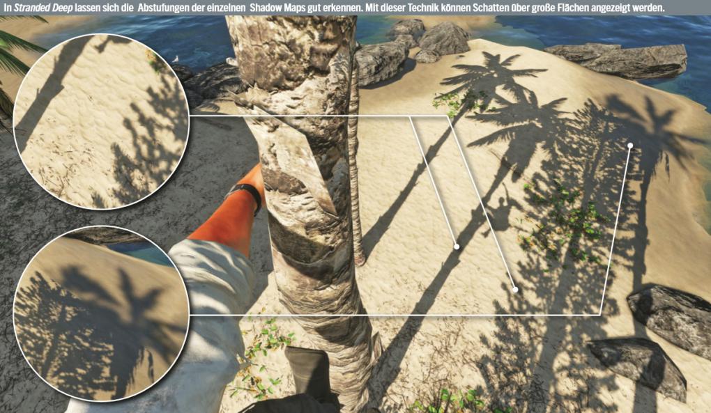 In Stranded Deep lassen sich die &nbsp;Abstufungen der einzelnen &nbsp;Shadow Maps gut erkennen. Mit dieser Technik können Schatten über große Flächen angezeigt werden.&nbsp;