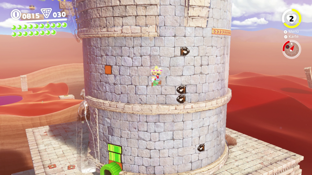 Retro-Passagen wie diese 8-Bit-Super-Mario-Bros Einbindung hatte Super Mario Odyssey zu Hauf. Hier muss Pixelmario einen Turm erklimmen um weiter zu kommen.