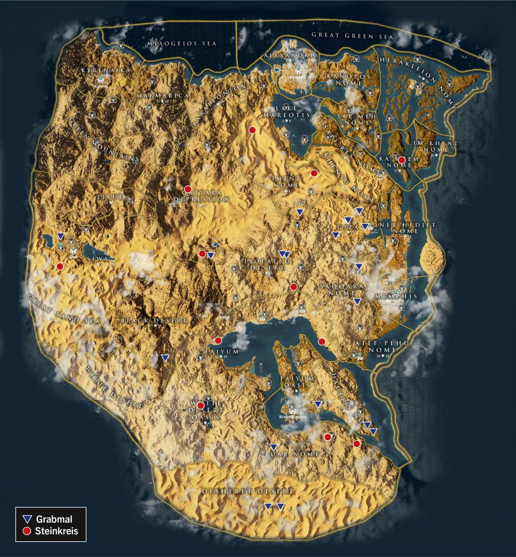Ihr wollt in Assassin's Creed Origins alle Gräber und Steinkreise finden? Dann hilft euch die PC Games-exklusive Weltkarte mit Einzeichnungen weiter! Grabmäler sind blau gekennzeichnet, Steinkreise rot.