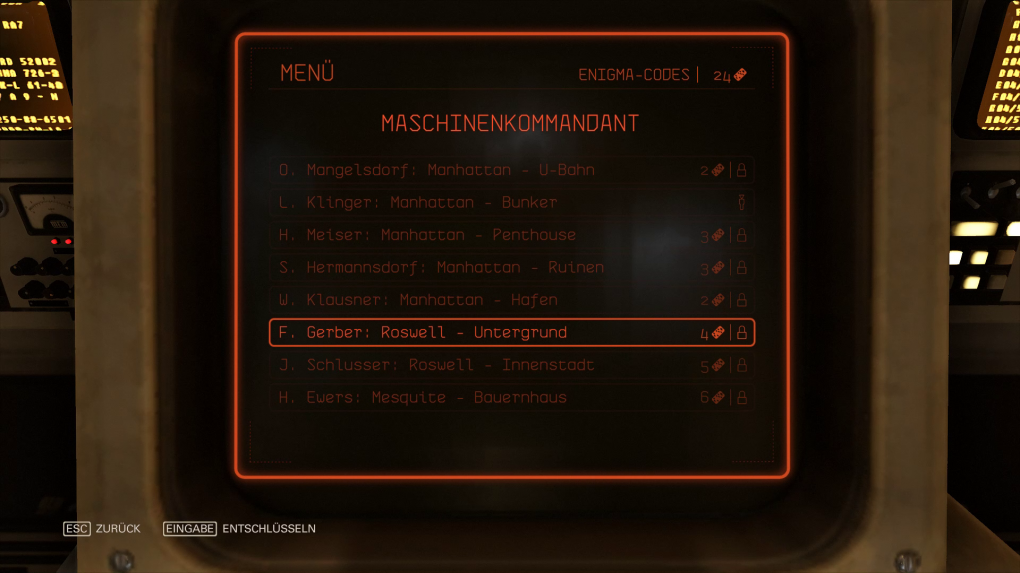 Wolfenstein 2: The New Colossus - Um einen gewünschten Offizier aufzustöbern, müsst ihr entsprechende Enigma-Codes im Inventar haben.