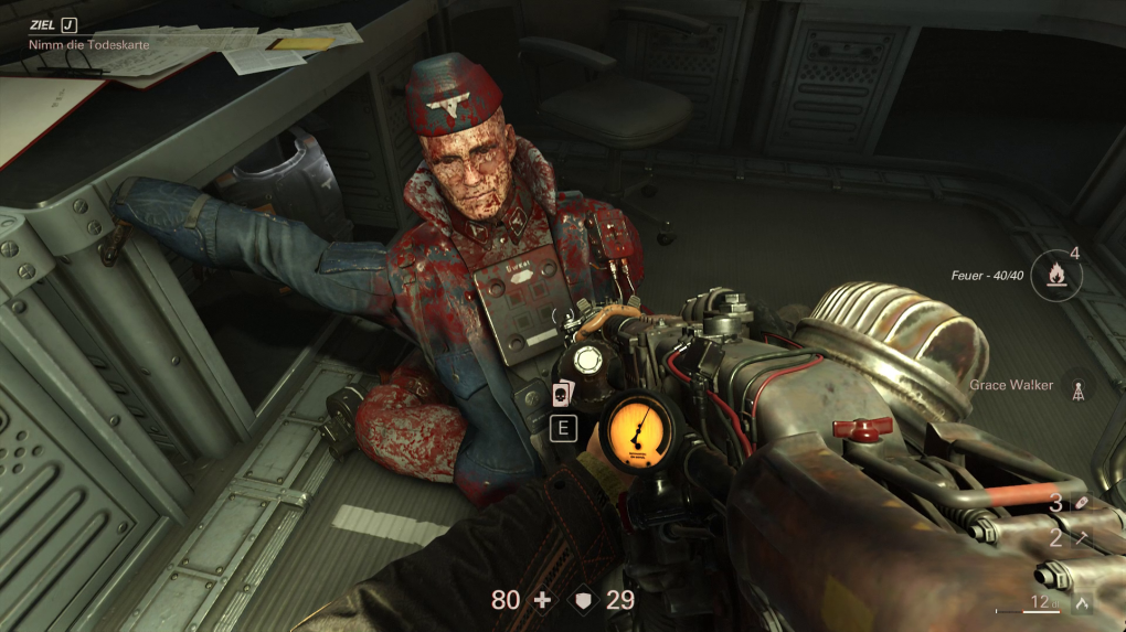 Wolfenstein 2: The New Colossus - Vom besiegten Offizier schnappen wir uns die Todeskarte, um den Level abschließen zu können.