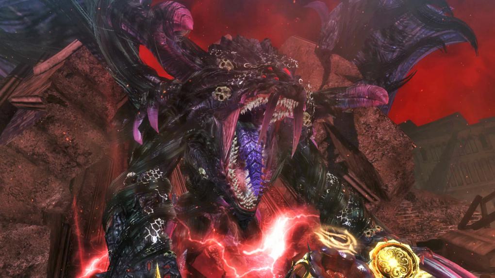Mit ihren magischen Haaren beschwört Bayonetta gigantische Dämonen herauf, die mit euren Gegnern kurzen Prozess machen.
