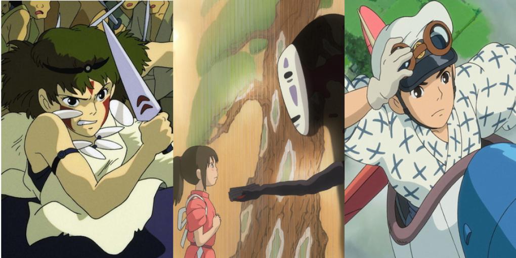 l.: 'Prinzessin Mononoke' (1997); m.: 'Chihiros Reise ins Zauberland' (2001); r.: 'Wie der Wind sich hebt' (2013)