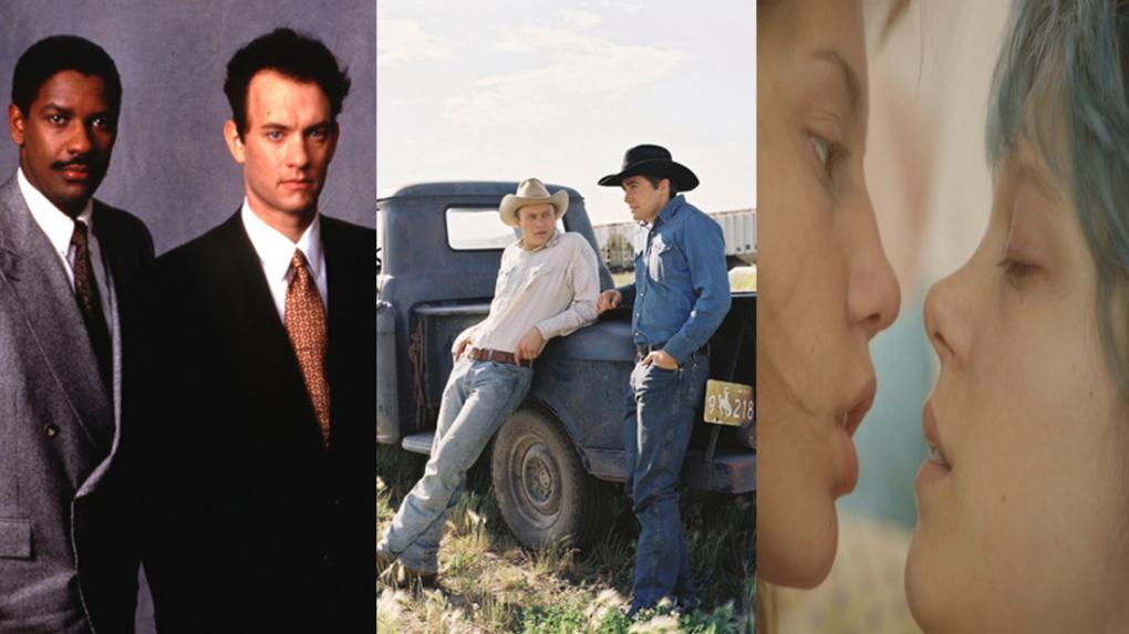 Denzel Washington und Tom Hanks in 'Philadelphia' (1993) / Health Ledger und Jake Gyllenhaal in 'Brokeback Mountain' (2005) / Ein flüchtiger Kuss in 'Blau ist eine warme Farbe' (2013)