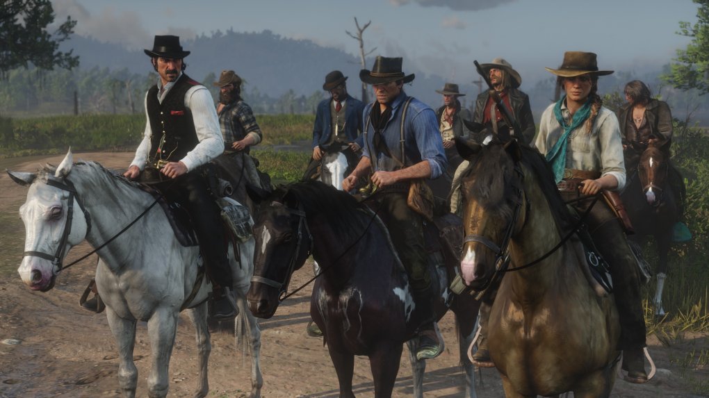 Arthur Morgan mit seiner Bande an Gesetzlosen in Red Dead Redemption 2