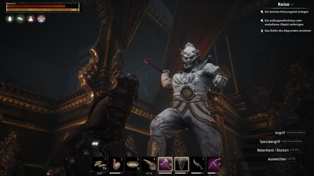 <strong>Conan Exiles </strong>im Test:&nbsp;Dieser riesige und zum Glück ziemlich träge Axtschwinger ist keineswegs ein Boss, sondern nur einer der beiden Begleiter der Hexenkönigin.