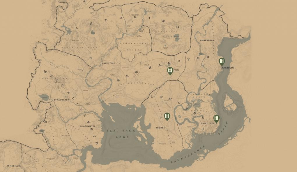 Alle Hehler in der Spielwelt von Red Dead Redemption 2 auf einer Karte.
