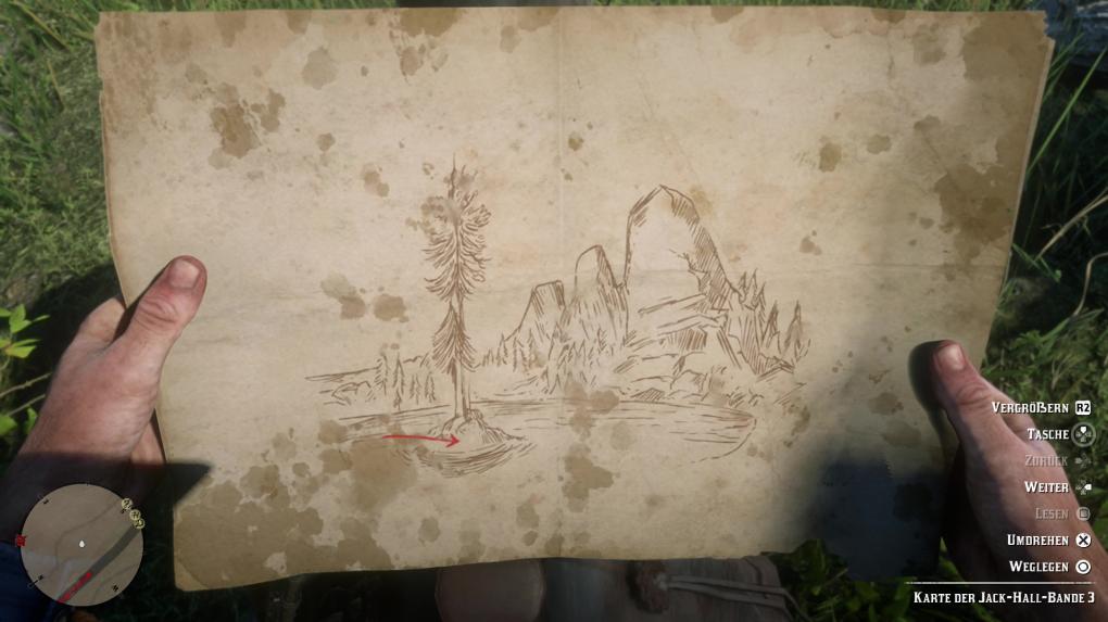 Die dritte Schatzkarte der Jack Hall Bande in Red Dead Redemption zeigt einen See samt Mini-Insel und Baum.