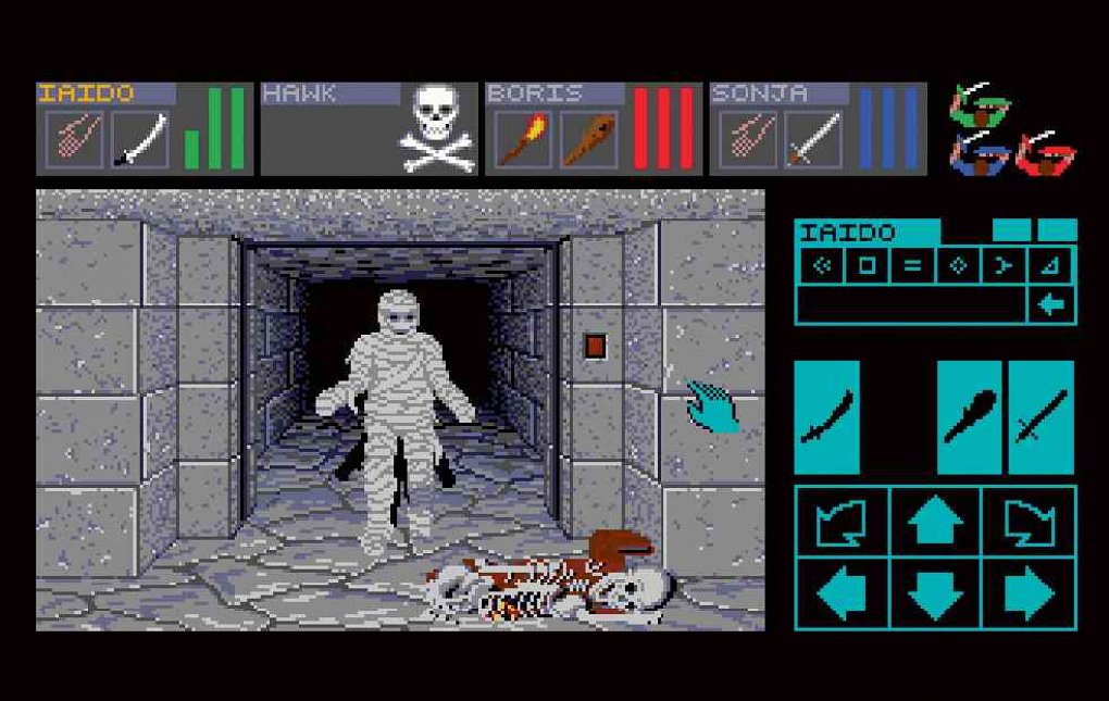 Das legendäre Dungeon Master (im Bild: die geniale Ur-Version für Atari ST) simulierte das komplette Geschehen im Kerker in Echtzeit, bot texturierte Wände sowie eine komfortable Maussteuerung.<br>
 