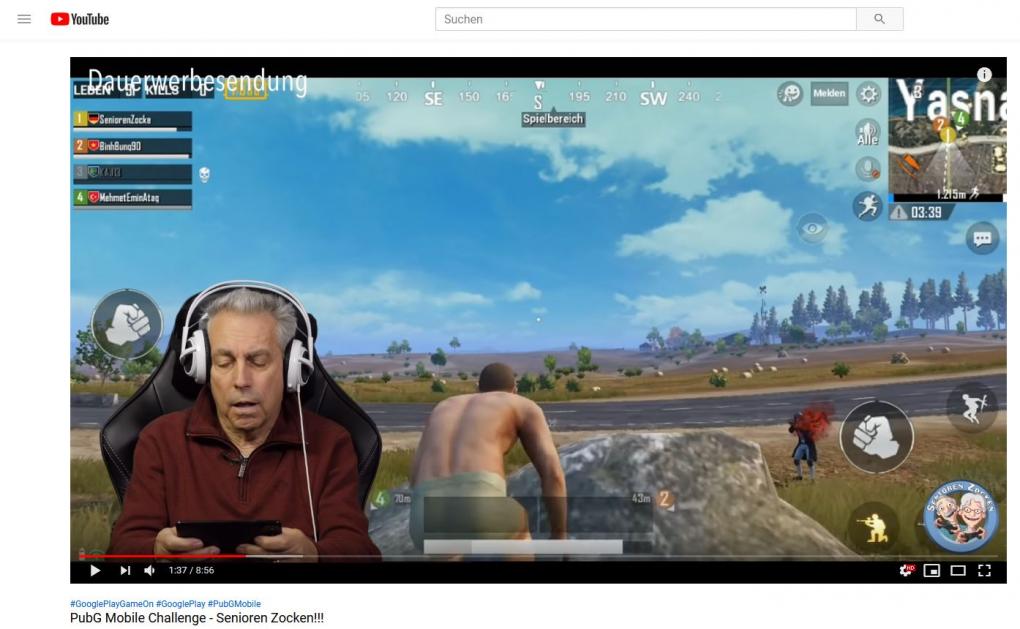 Ein typisches 'Senioren zocken'-Video: Georg daddelt zur Abwechslung hier aber einmal nicht wie sonst meistens an PC oder Konsole, sondern auf einem leistungsfähigen Smartphone und kämpft sich durch die mobile Version des Battle-Royale-Titels PUBG.