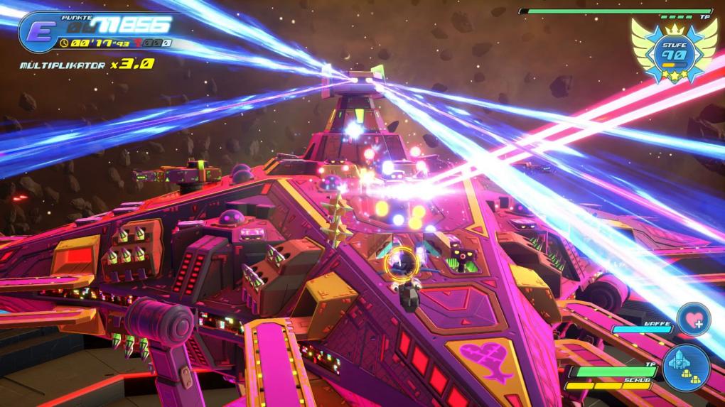 Der Weltraum-Boss Omega Machina verfügt über eine sehr große Menge an Trefferpunkten und teilt auch kräftig aus.