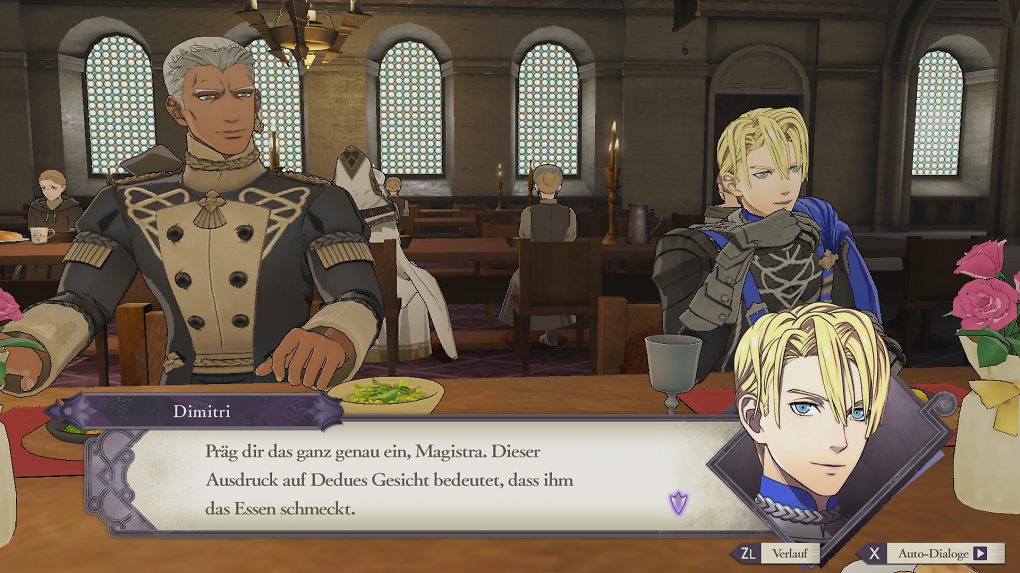 Zwei Charaktere aus Fire Emblem: Three Houses beim Essen