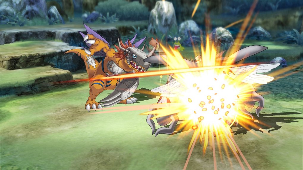 Wargreymon attackiert – man erkennt es nicht so gut, aber vermutlich ist <br> der Gegner ein Okuwamon, ein Insekten-Digimon vom Typ Virus.