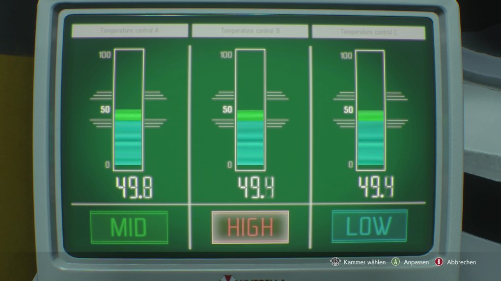 Den Impfstoffmixer stellt ihr auf MID, HIGH, LOW