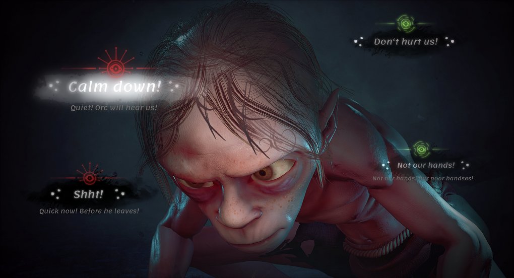 Gollum steht vor vier Entscheidungsmöglichkeiten. Links zwei für Gollum, rechts zwei für Sméagol.