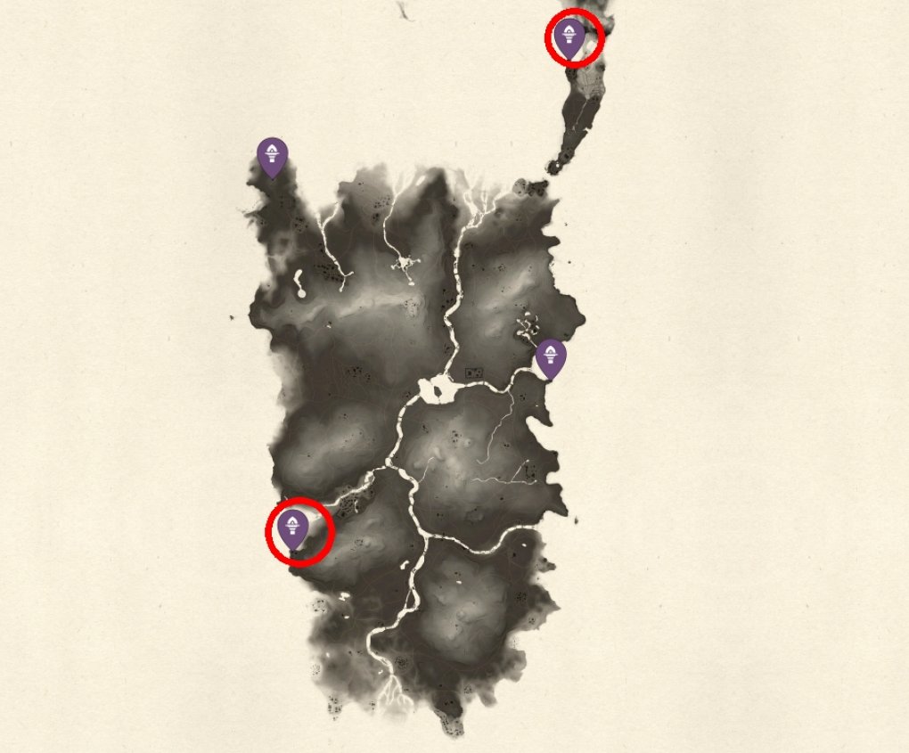 Alle Leuchttürme in Ghost of Tsushima - Erster Inselteil. Die rot markierten Türme erhaltet ihr während Story-Missionen.
