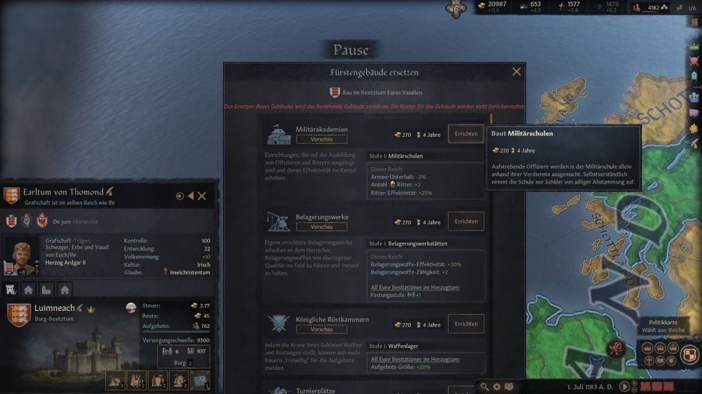 Crusader Kings 3: Manche Boni von Fürstengebäuden gelten für das ganze Reiche. Überlegt euch gut, welche Vorteile ihr auch in Zukunft brauchen könnt.&nbsp; (1)