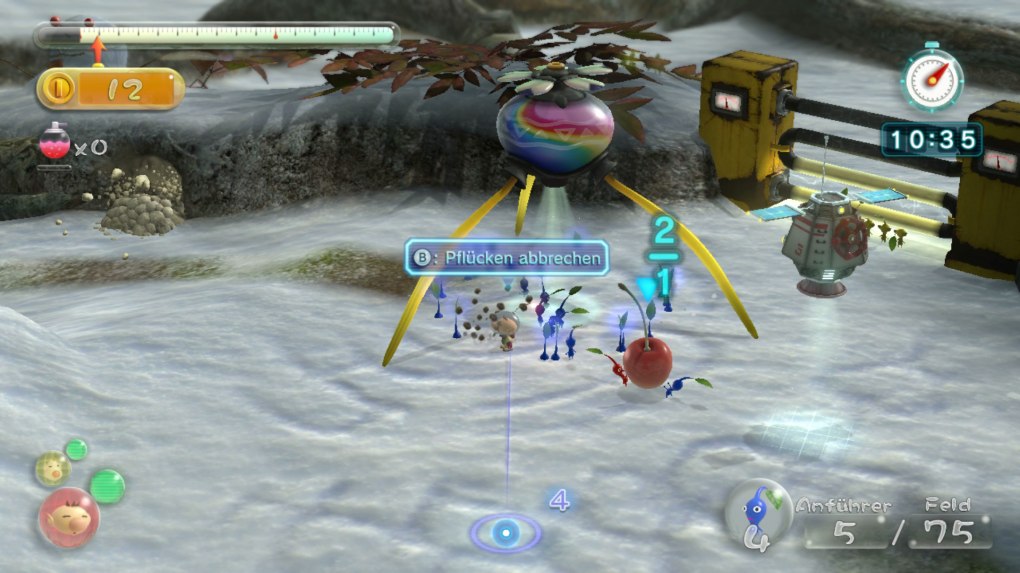 Das ist Multitasking: Die gelben Pikmin bearbeiten die Strombarriere, links wühlen andere Zwerge einen Durchgang frei, während ein blaues und ein rotes Pikmin eine erbeutete Kirsche zum Schiff tragen.