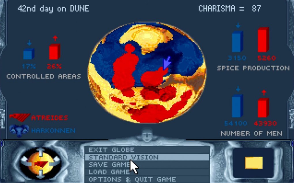 Globale Strategie: Dune gibt euch detaillierte Informationen über eure Charakterwerte, die Verbreitung eures Feindes und die Spice-Produktion der Fraktionen.