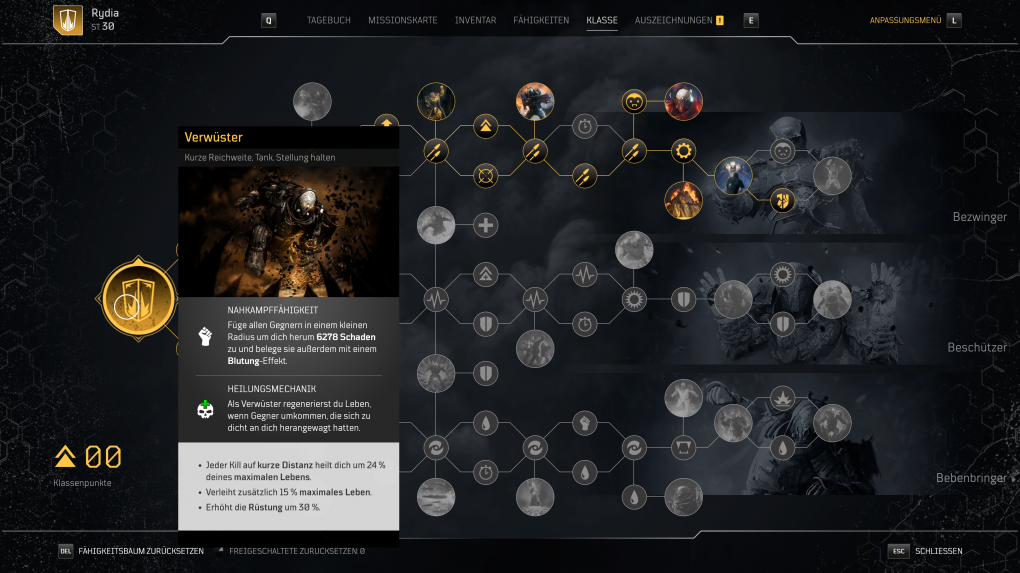 Jede Klasse hat ihren eigenen Skill-Tree. Welche Verknüpfungen wir auswählen, ist problemfrei von uns bestimmbar. Das Zurücksetzen kostet nichts.&nbsp;