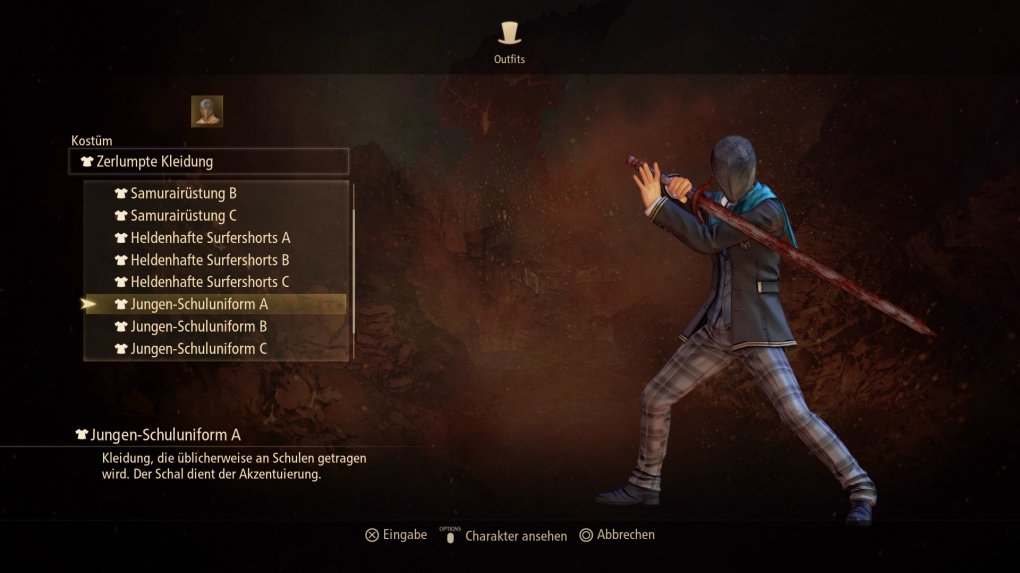 Durch verschiedene Skins können wir unser Outfit gänzlich ändern. Leider sind einige der Kostüme nur per DLC freischaltbar, wie dieses Schülerkostüm.