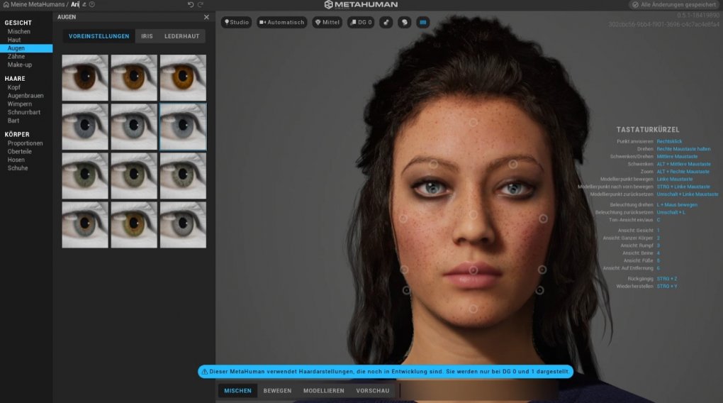 Das Interface von “MetaHuman Creator” mit einem Beispielmodell<br> &nbsp;