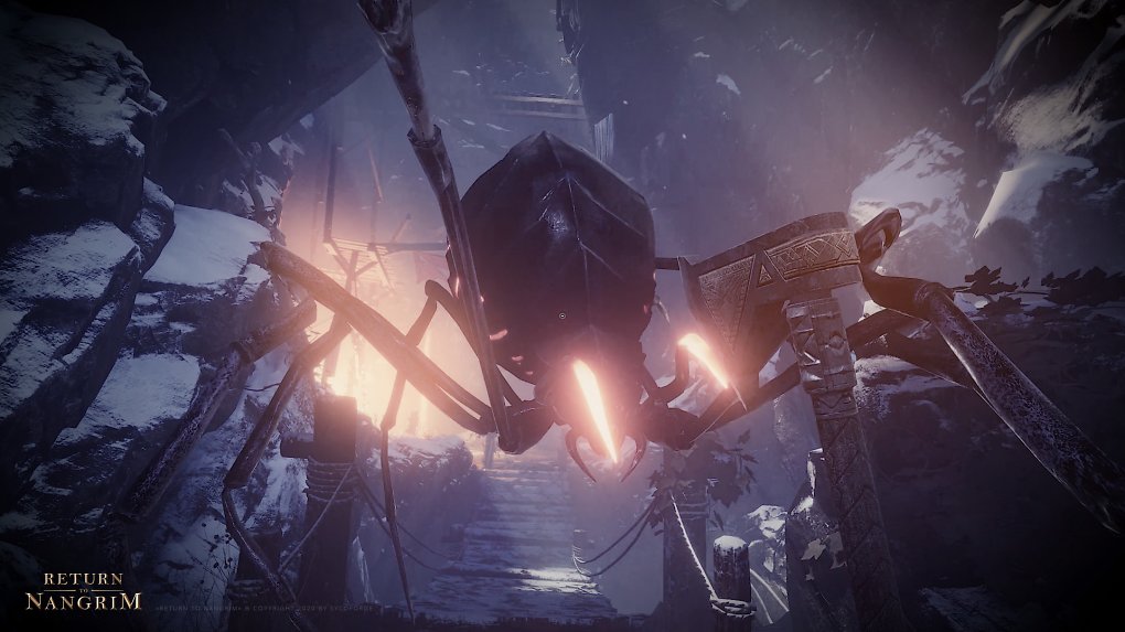 Eine riesige Spinne läuft durch eine Höhle