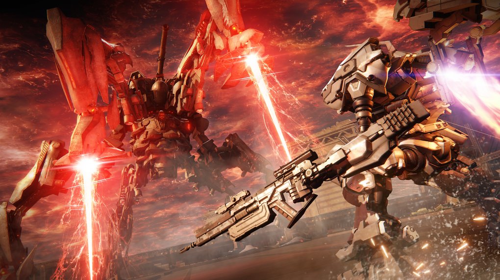 Ein Mech aus Armored Core 6 steht einem Feind gegenüber.