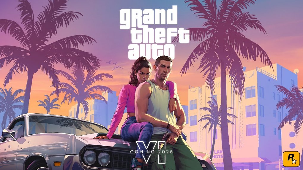 Das Titelbild von GTA 6, auf dem die Charaktere Lucia und Jason auf einem Auto sitzen