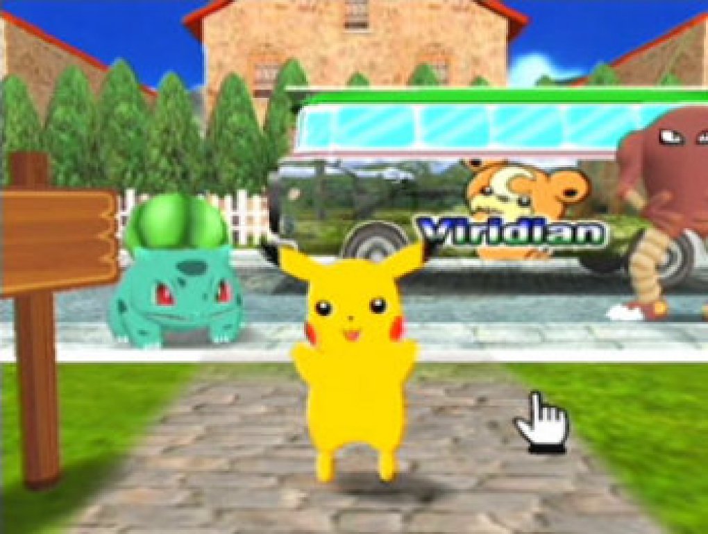 Pikachu steht vor einem Bus und mehreren Pokémon