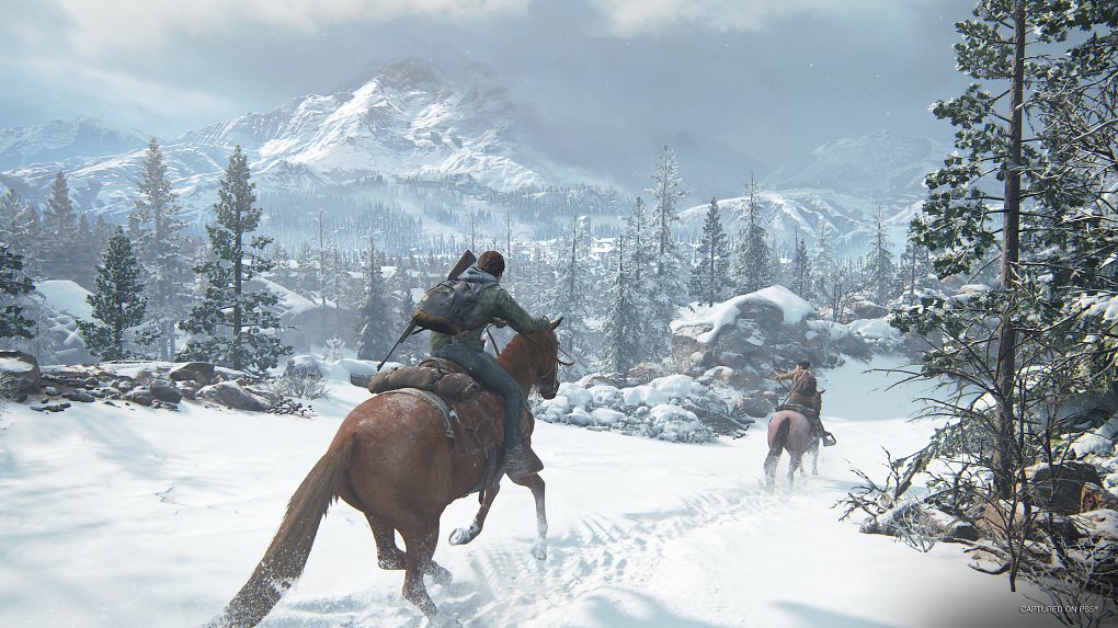 Ellie und Dina reiten auf ihren Pferden durch eine Schneelandschaft.