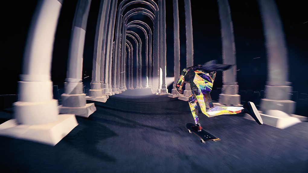 Ein Dämon auf einem Skateboard düst durch Säulen