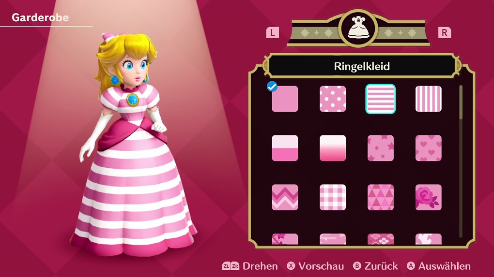 Prinzessin Peach probiert in der Garderobe das Ringelkleid an