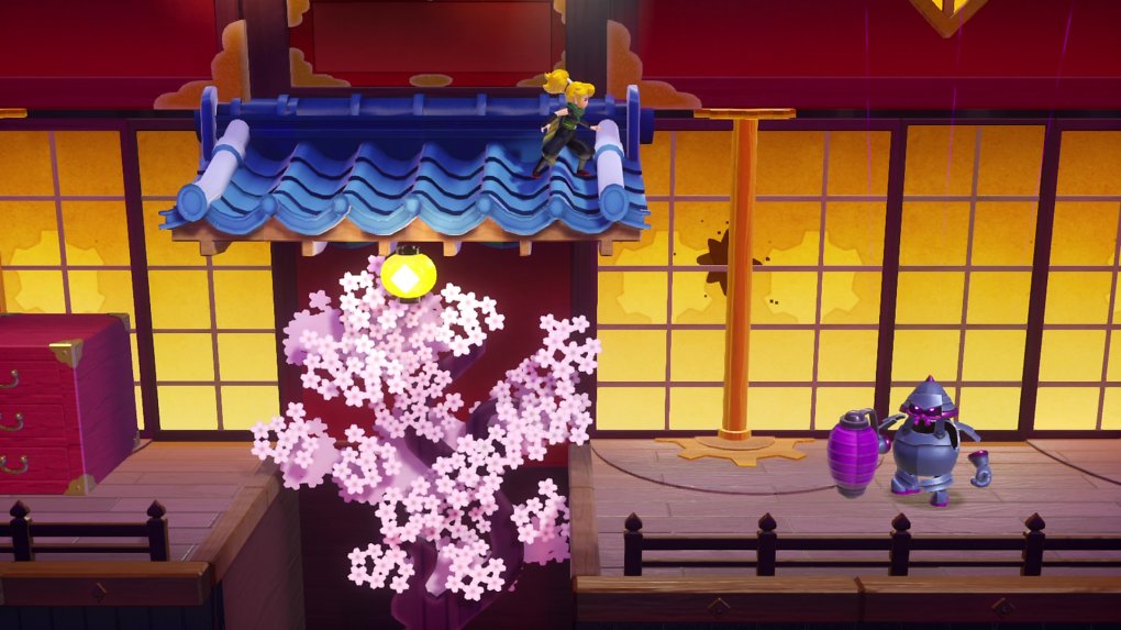 Ninja-Peach schleicht auf dem Dach, um an einen Kristall zu gelangen