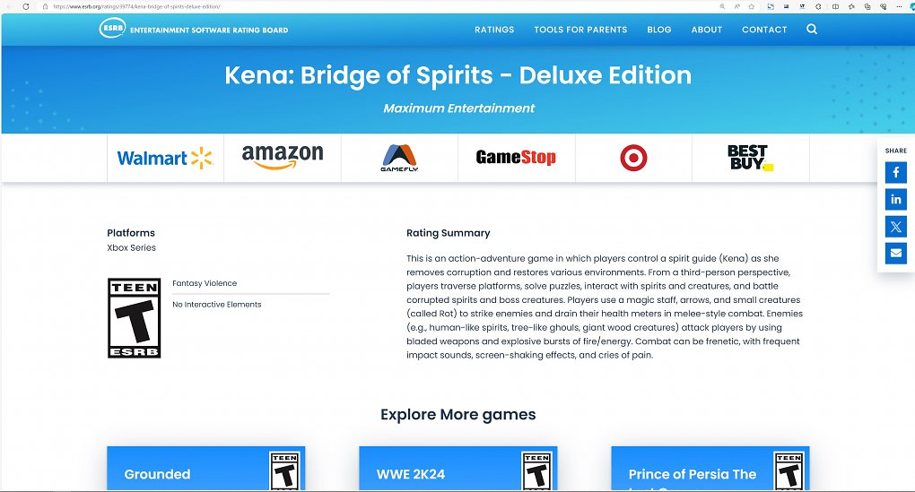 Das Jugendschutzrating für Kena - Bridge of Spirits Deluxe Edition für Xbox Series