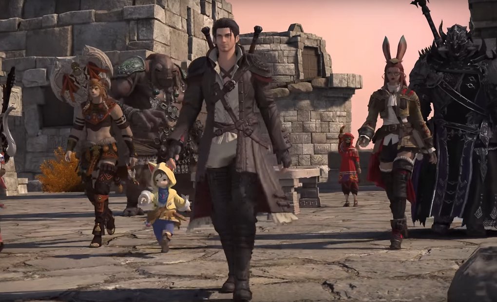 Figuren aus Final Fantasy 14 laufen auf die Kamera zu.