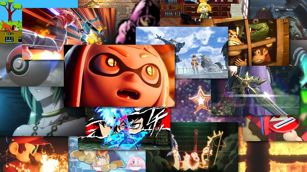 Eine Collage mit Screenshots aus Smash Bros. Charakter-Trailern