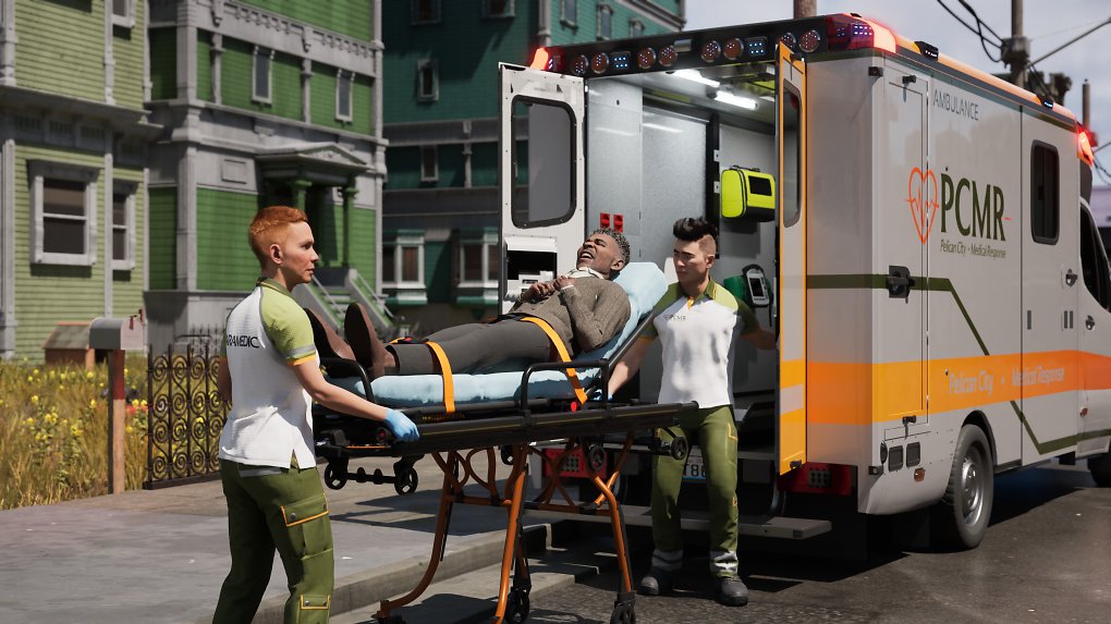 Person wrd mit Trage in einen Krankenwagen verladen